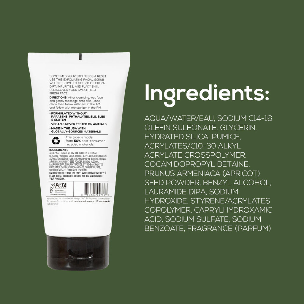 MARLOWE. Facial Scrub for Men, 6 oz, Exfoliating & Refreshing Gentle Face Exfoliator, Cleanses, Smooths, Revitalizes Skin, Clean Vegan Formula with Apricot Seed Powder & Pumice, Fresh Sage & Fir Scent