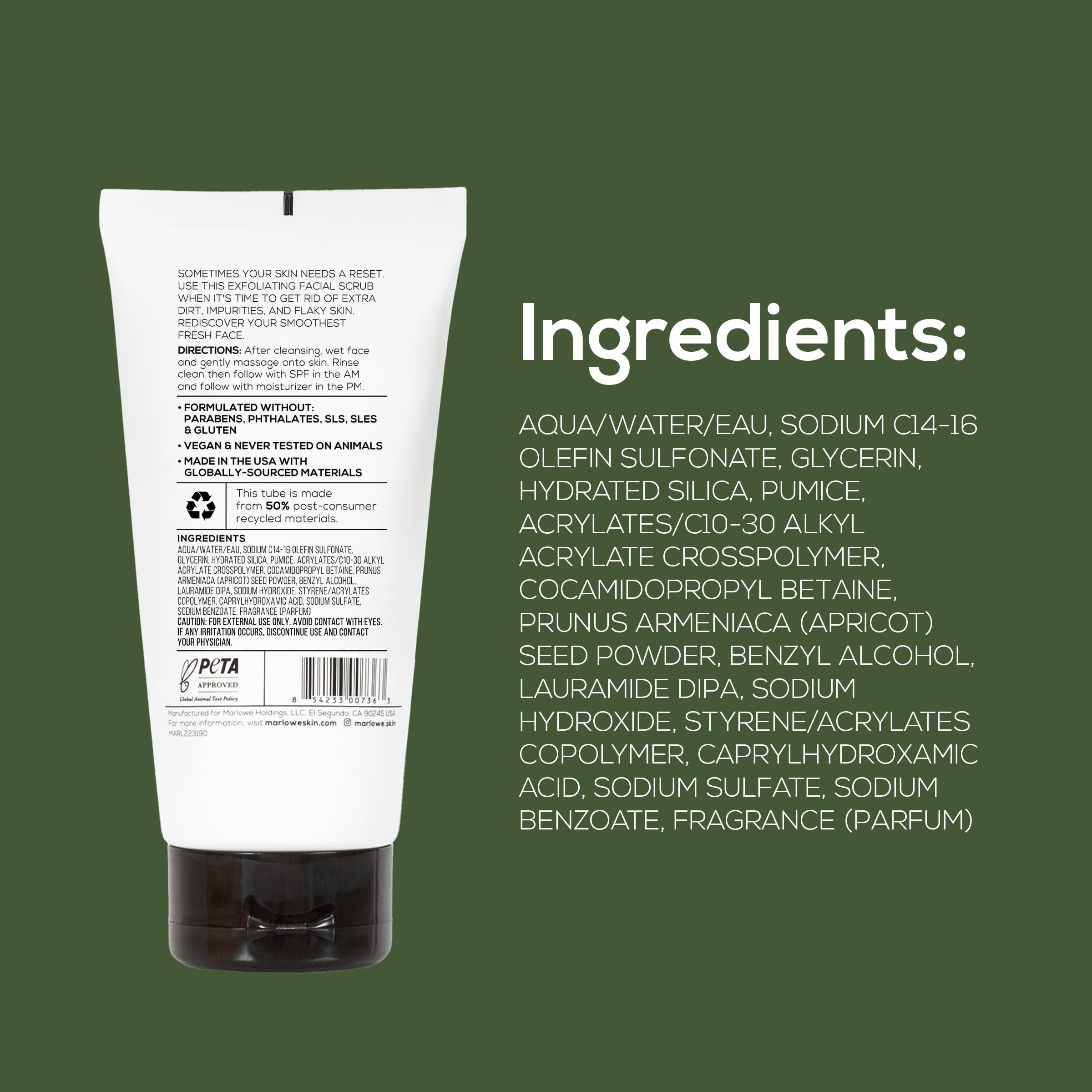MARLOWE. Facial Scrub for Men, 6 oz, Exfoliating & Refreshing Gentle Face Exfoliator, Cleanses, Smooths, Revitalizes Skin, Clean Vegan Formula with Apricot Seed Powder & Pumice, Fresh Sage & Fir Scent