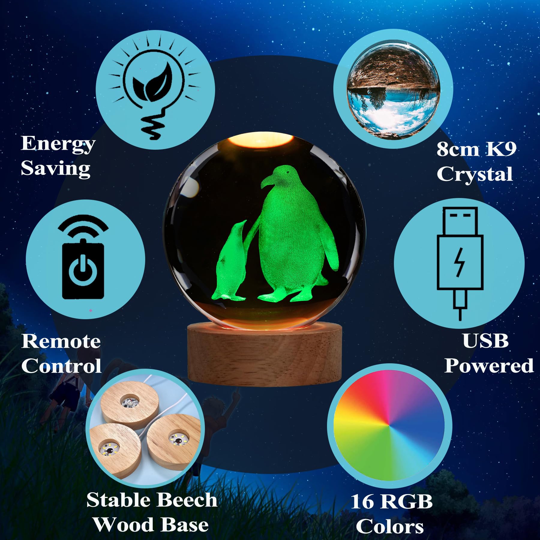 POSSHE Penguin Night Light, Penguin Gifts, K9 3.15 Inch (80mm) Crystal Ball Night Light with 16 Colors Remote Upgraded Lamp for Birthday Xmas Cool Animal Figurines Gifts for Room Decor Boys Girls