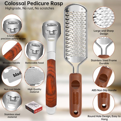 Pedicure Foot File & Callus Shaver Set,1 Wood Handle Callus Shaver with 30 Replacement Blades,1 Foot File Heads,1 Colossal Foot Rasp,Foot Scraper Foot Shaver Callus Remover for Feet