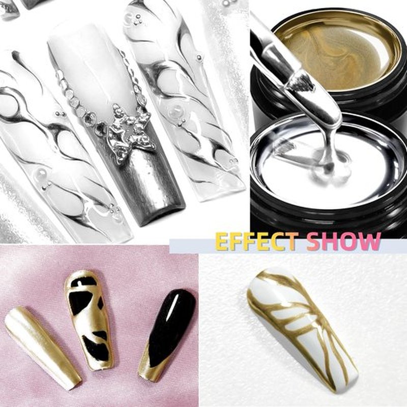 U-Shinein 2x8ml Metallic Painting Gel, Ultra Mirror Silver and Golden Painted Gel Nail Polish, 3D Metal Painting Gel Drawing Mirror Nail Gel Polish High Gloss Soak Off UV/LED DIY Nail Art Manicure