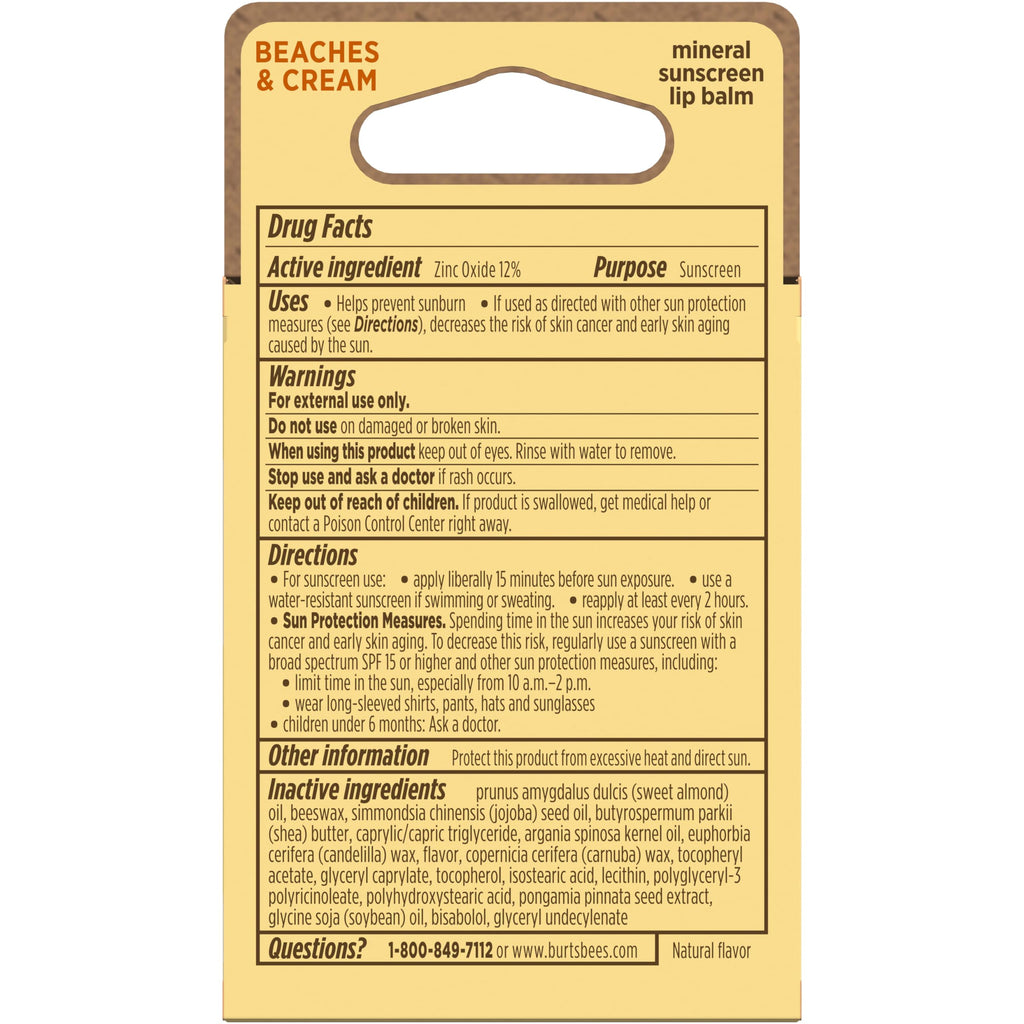 Burts Bees SPF 30 Lip Balm, Beaches and Cream, Water-Resistant Sun Care, Nano-Free Zinc Oxide Formula, Natural Origin Conditioning Lip Treatment, 0.15 oz., Three Tubes