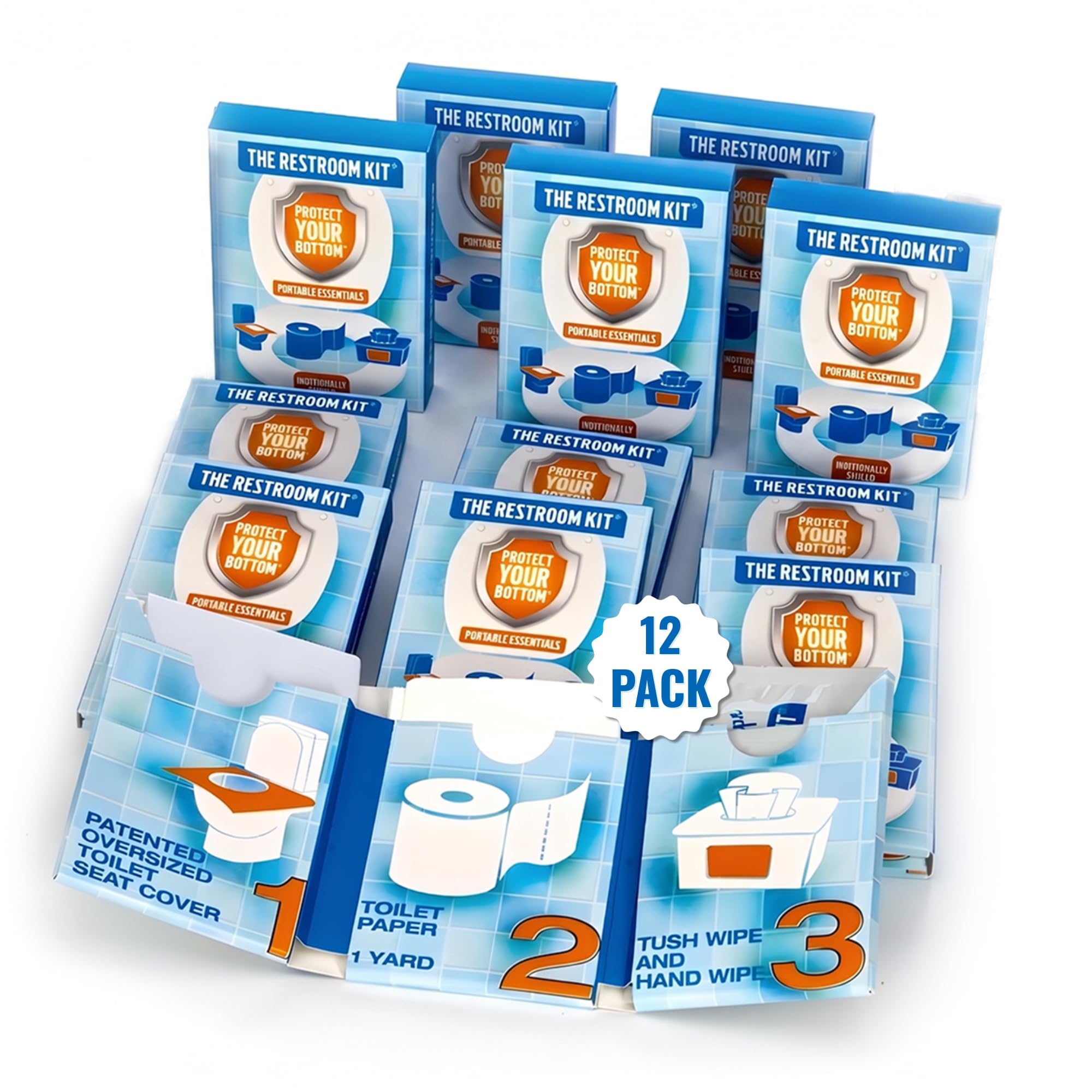 The Restroom Kit Great for travel (12-Pack) Portable Disposable Oversized Toilet Seat Cover, 3ft 3Ply Toilet Paper, Hand & Flushable Tush Wipe.