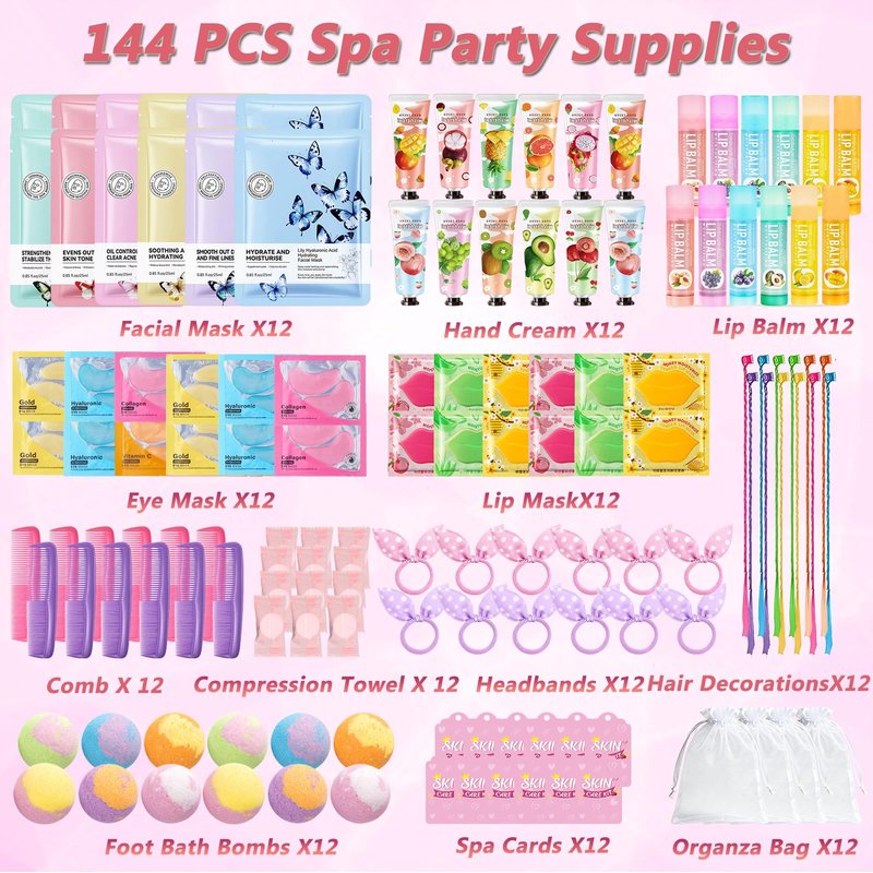 UUNZ 144 PCS Spa Party Supplies for Women, Spa Party Favors Include Face Masks Skincare, Hand Cream, Lip Balm, Eye Mask, Lip Mask,Foot Bath Bomb, Hair Brush, Spa Birthday Sleepover Party Supplies