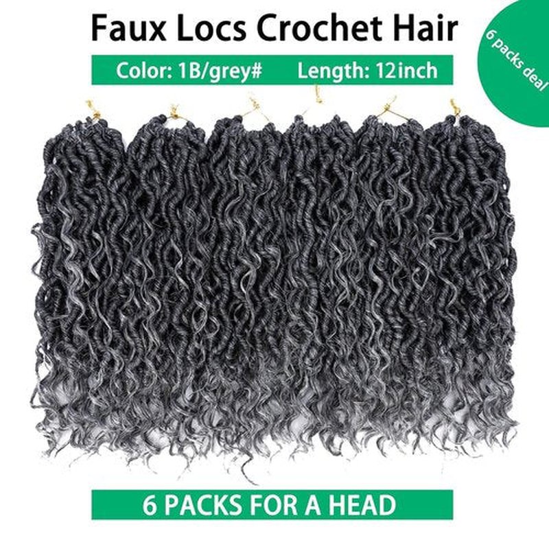 Goddess Locs Crochet Hair 12 Inch Faux Locs Ombre Grey Crochet Hair for Women 6 Packs Crochet Hair Pre Looped Gray Soft River Synthetic Hair Extensions, 1b/grey