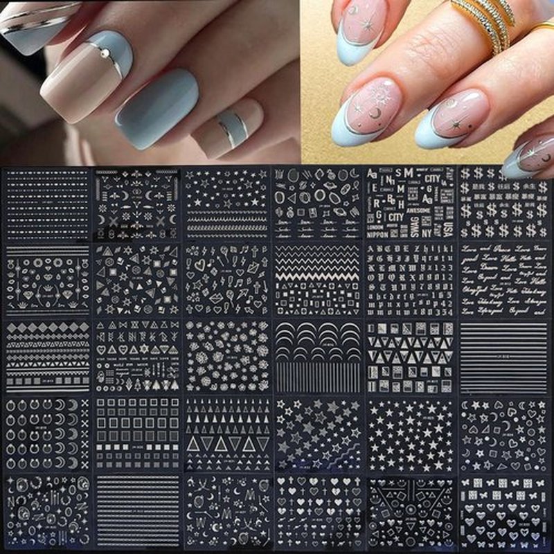 90 Sheets Silver Nail Art Stickers Holographic Laser Silver Nail Decals 3D Self Adhesive Nail Stickers for Nail Art Designs Star Line Flower Nails Supplies for Women Nail Decoration with Nail Tweezer