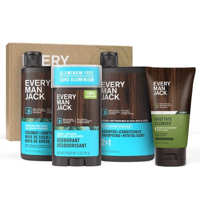 Every Man Jack Men's Bath and Body Gift Set - Coconut + Driftwood Scent - Clean Ingredients - Includes Hydrating Body Wash, 2-in-1 Shampoo, Aluminum-free Deodorant & Face Wash