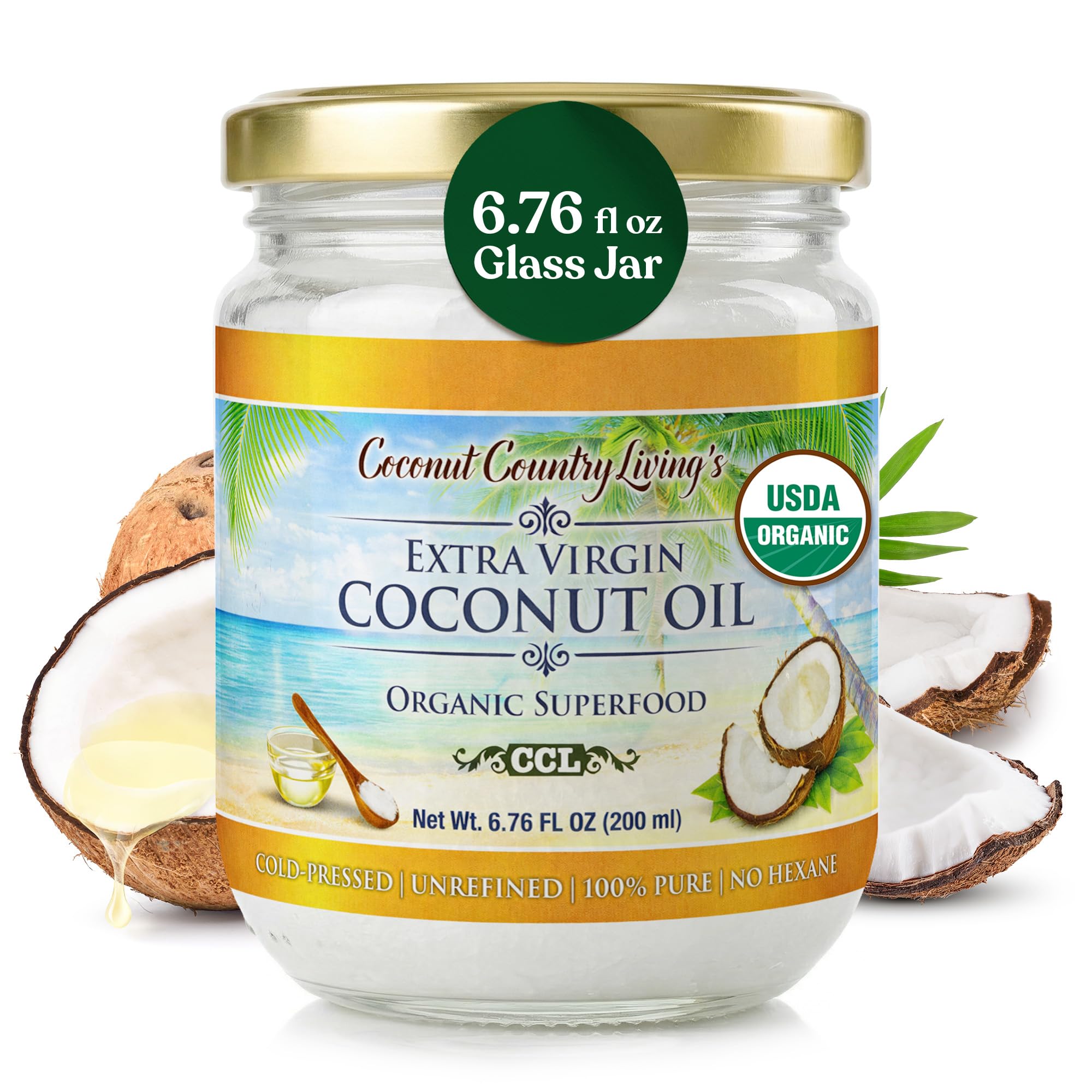 Coconut Country Living's Extra Virgin Coconut Oil - Cold Pressed, Unrefined organic Superfood for Hair, Skin, Beauty, Cooking - Keto & Paleo Diet Friendly - 6.76 oz