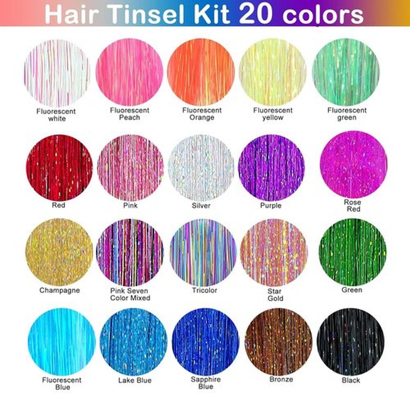 GTTUKK Hair Tinsel Kit (48 Inch,20 Colors,6000 strands), Tinsel Hair Extensions with Tools，Heat Resistant Fairy Hair Tinsel Kit for Women Girls Hair Accessories