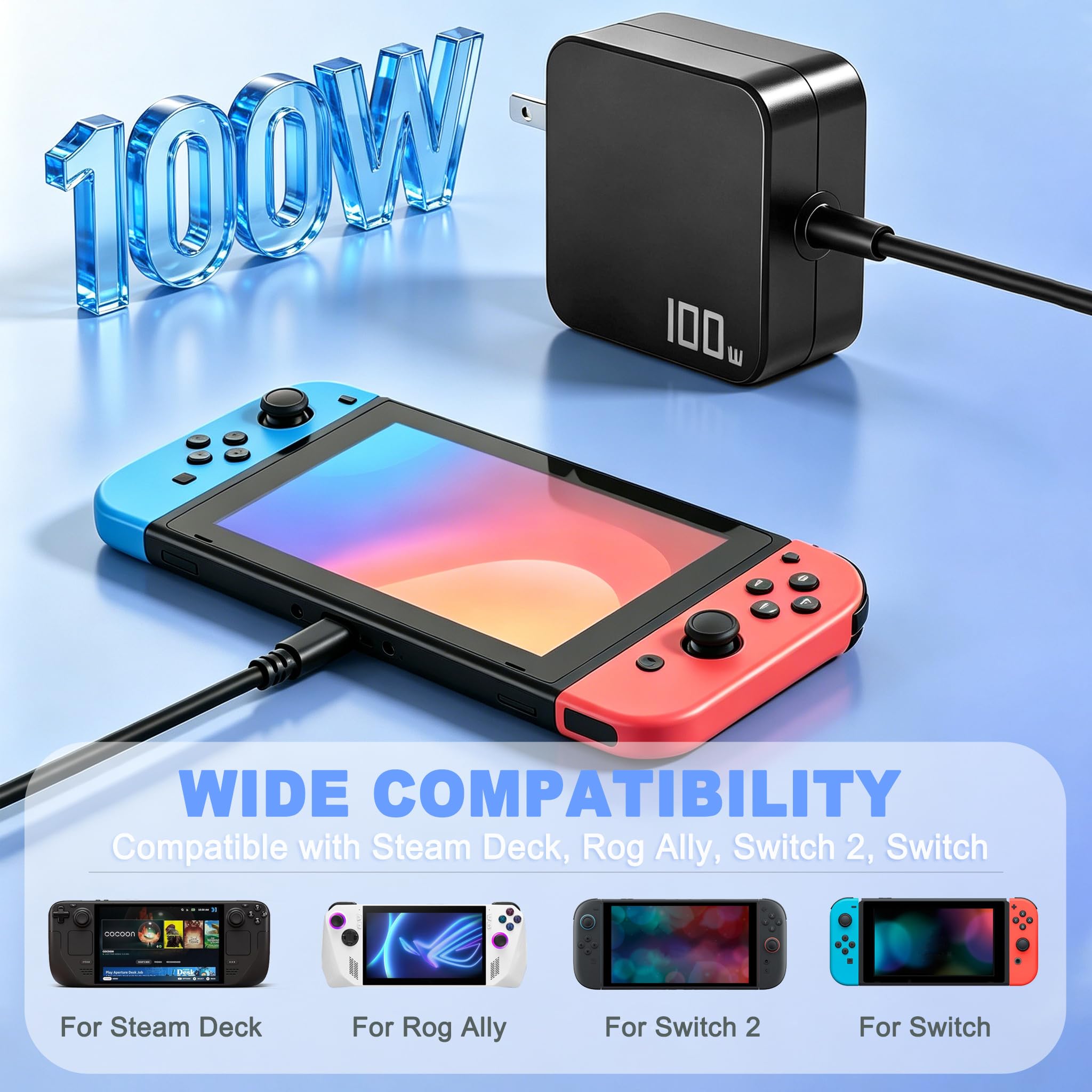 100W USB C Fast Charger Compatible with Steam Deck, Switch 2 Power Cord