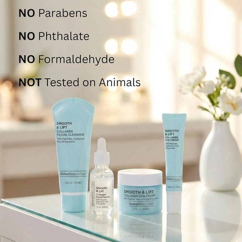 Global Beauty Care Collagen Skin Care Set - Hydrating & Firming Facial Cleanser, Serum, Eye Cream & Face Cream | 4-Piece Routine with Peptides & Hyaluronic Acid