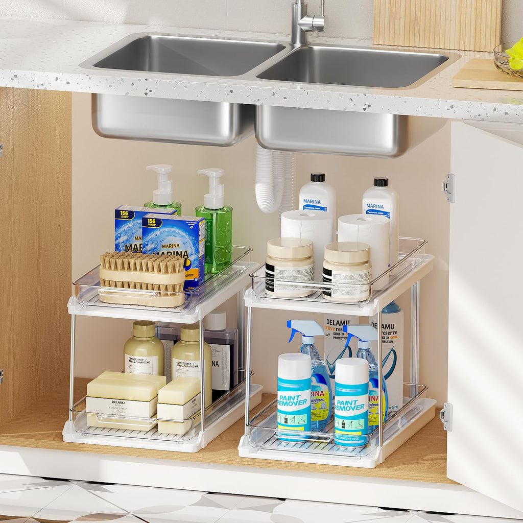 Delamu 2-Tier Bathroom Under Sink Organizers and Storage, Pull Out Cabinet Drawers with Anti-Slip Design, Multi-Purpose Storage for Kitchen, Pantry, Bathroom & Home Organization, White, 2 Pack