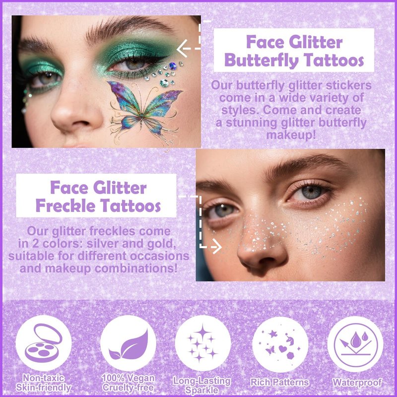 Yosca Butterflies Glitter Tattoos, 14Pcs Sparkle Butterfly Temporary Tattoos, 6Pcs Metallic Gold Silver Glitter Freckles for Eye Face Makeup Mermaid Butterfly Party Favors Butterflies DIV Accessories