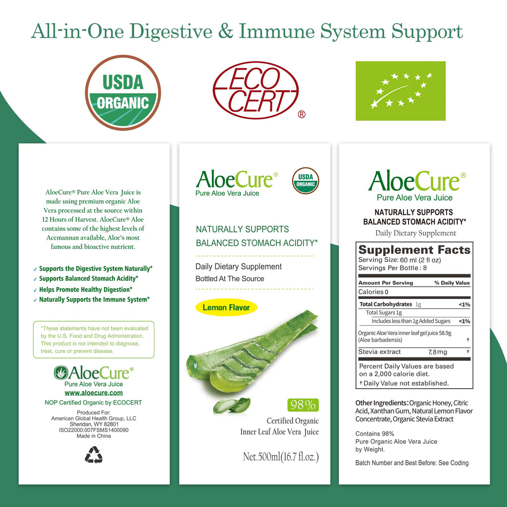 AloeCure USDA Organic Aloe Vera Juice Lemon Flavor - Made Within 12 Hours of Harvest - Natural Digestive Supplement for Balanced Stomach Acidity - Support Digestive and Immune Health, 2 Btls x 16.7oz
