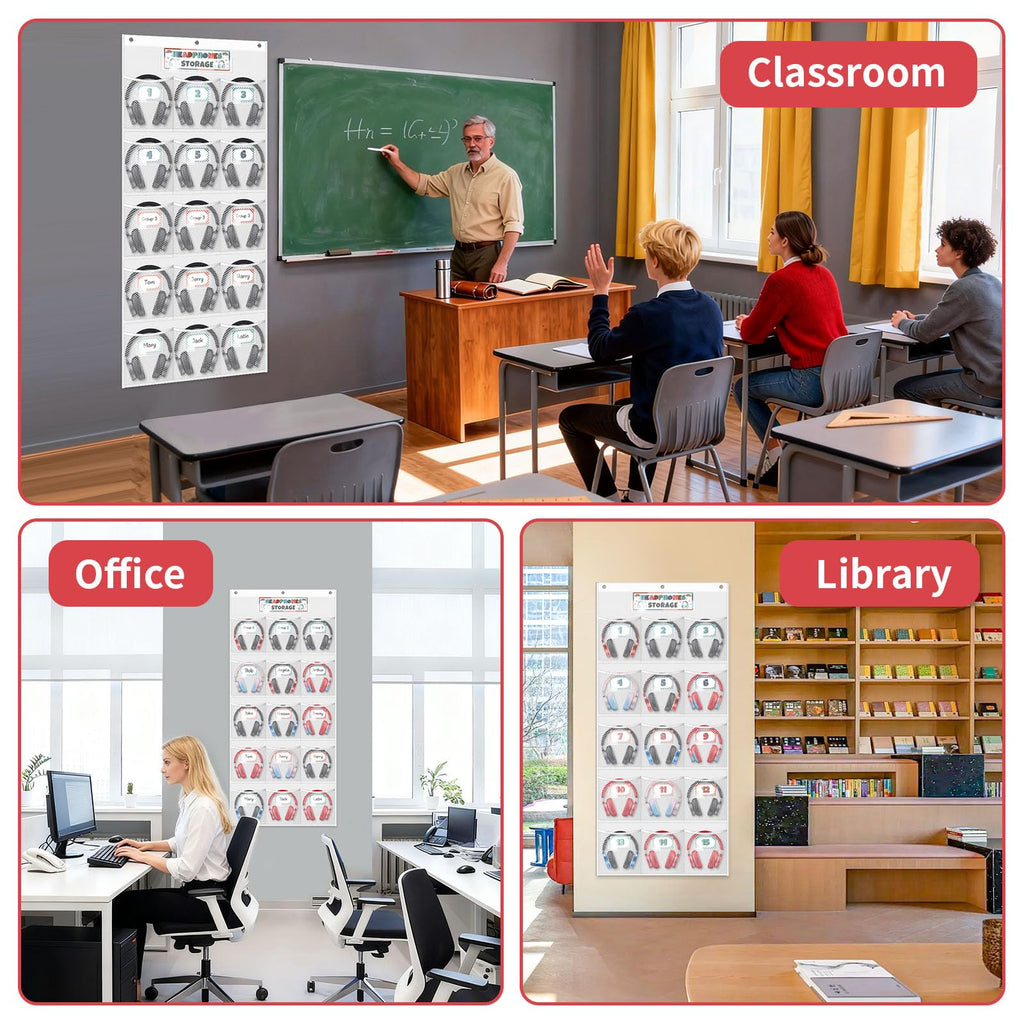 BOHEMIABY 2 Pcs Headphone Storage Classroom with 30 Durable Polyester Mesh Pockets, Door Hanging Headphone Holder for Classroom Library, Headphone Organizer with 122 Reusable Card & 6 Hooks