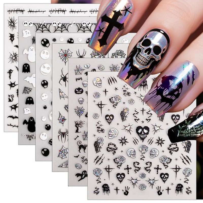 6 Sheets Halloween Nail Stickers – Black & White Holographic Gothic Ghost Skull Spider Web Nail Art Decals, Self-Adhesive Halloween Cute Manicure Decorations for Women Girls DIY Nail Art