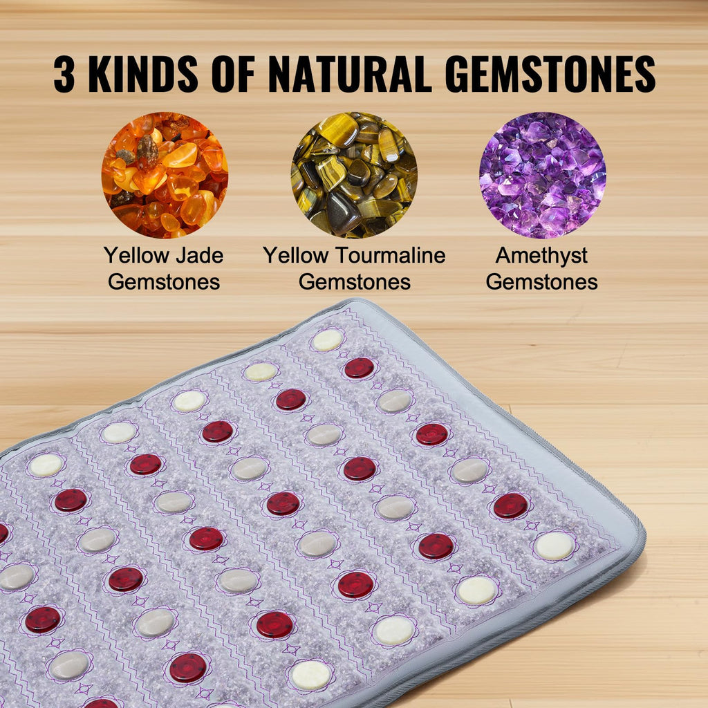 VEVOR Far Infrared Heating Pad, 103-159℉ Amethyst Heating Pad, 5 Natural Crystal Gemstones Mat with 660nm Photon Light, Negative Ions, 0-720 Min Timer for Back Waist Shoulder Pain Relief (40" x 20")
