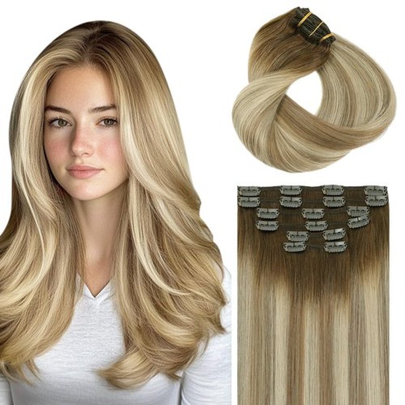 SAFIRENY Clip in Hair Extensions Real Human Hair Double Weft Balayage Color Walnut Brown To Ash Brown And Golden Blonde,Clip in Hair Extensions,14 Inch 100g,6pcs Per Set With 18 Clips（#3/8/22,14")