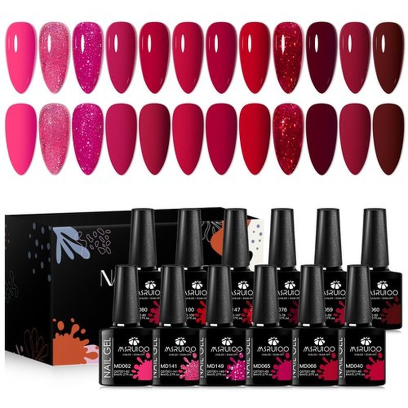 MSRUIOO Red Gel Nail Polish Set 12 Colors Bloody Mary Collection Popular Shimmer Red Burgundy Gel Polish Kit Nail Art Design Soak Off UV LED Gel Nail Kit Minicure DIY Home Gifts for Mom