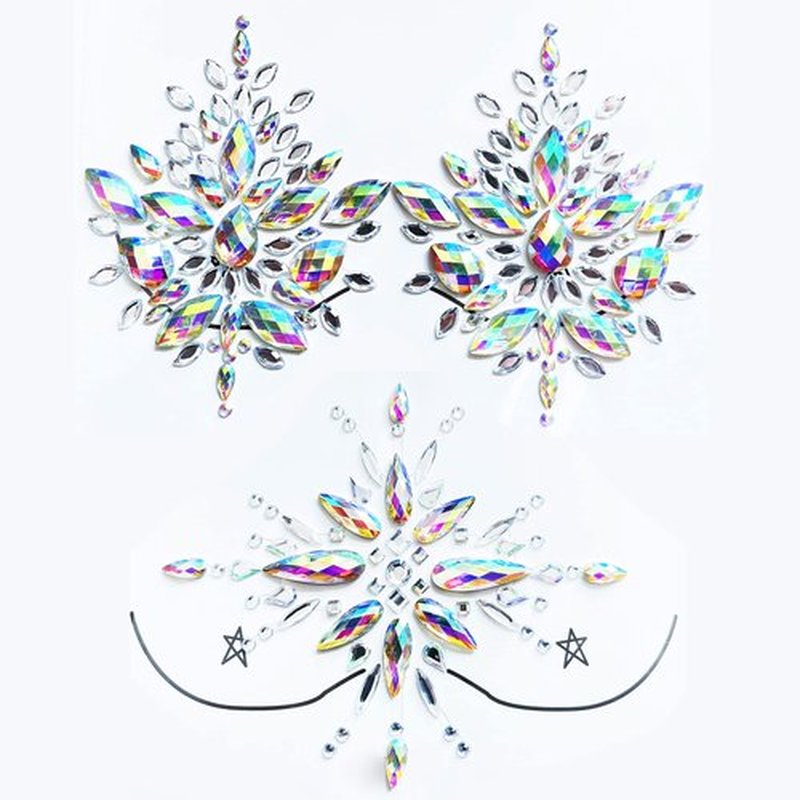 Kotbs Rhinestone Body Gems Stickers, 2-Sheet Breast Jewels Tattoo Rhinestone Chest Sticker, Crystals Body Jewels for Halloween Music Carnival Festival Party Makeup