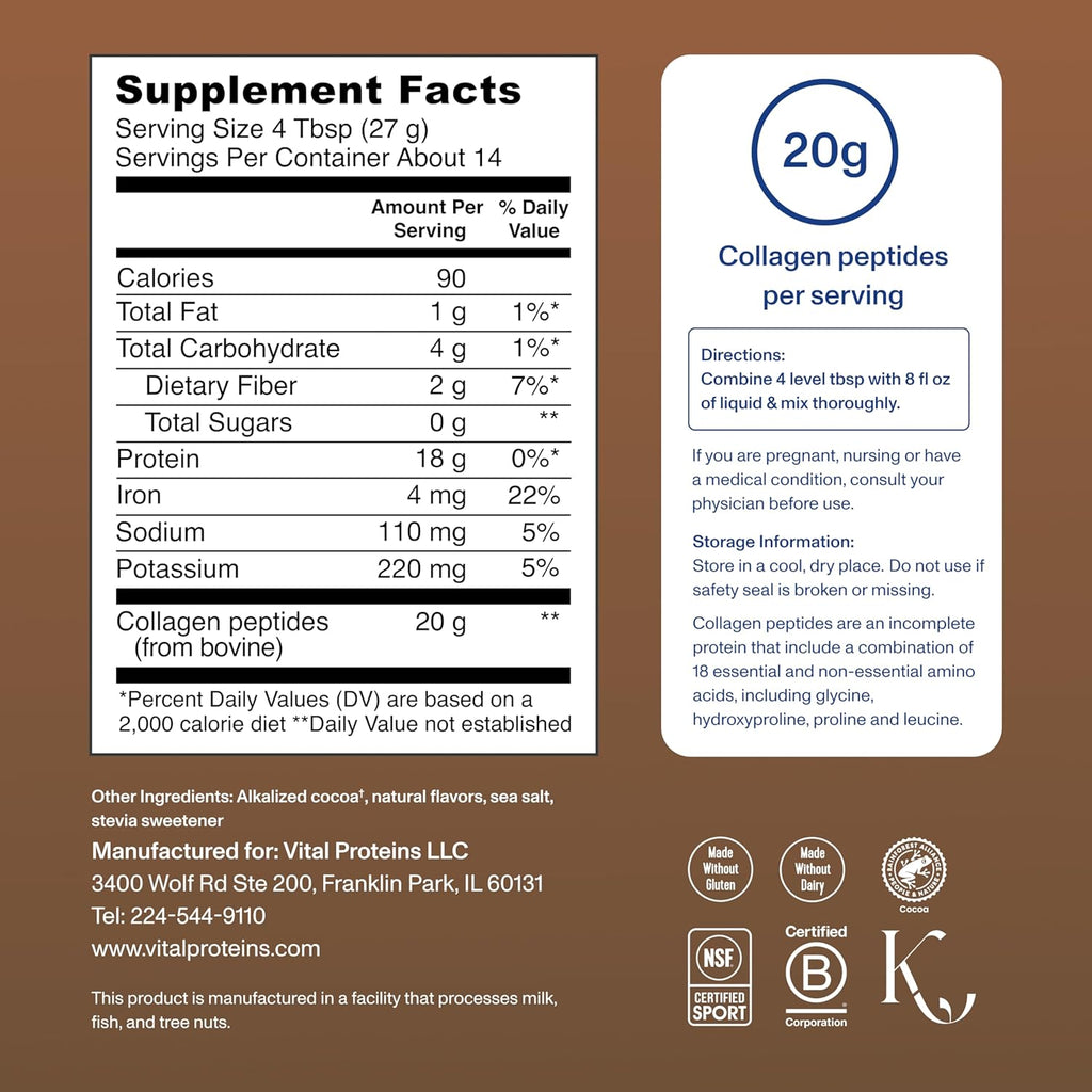 Vital Proteins Collagen Peptides Powder - Chocolate Flavor for Hair, Skin, Nails & Joint Health | 13.5oz
