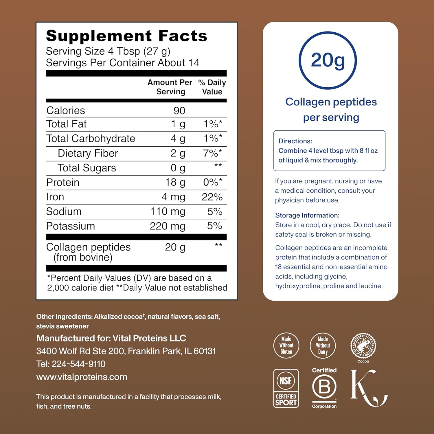 Vital Proteins Collagen Peptides Powder - Chocolate Flavor for Hair, Skin, Nails & Joint Health | 13.5oz