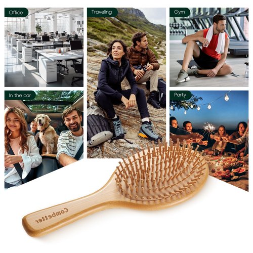 Bamboo Hair Brush and Comb Set, Massage Scalp Detangling Hairbrush for Hair Growth, Bakelite Durable Anti Static Wide-Tooth Comb & Rat Tail Comb for Women, Men, Kid