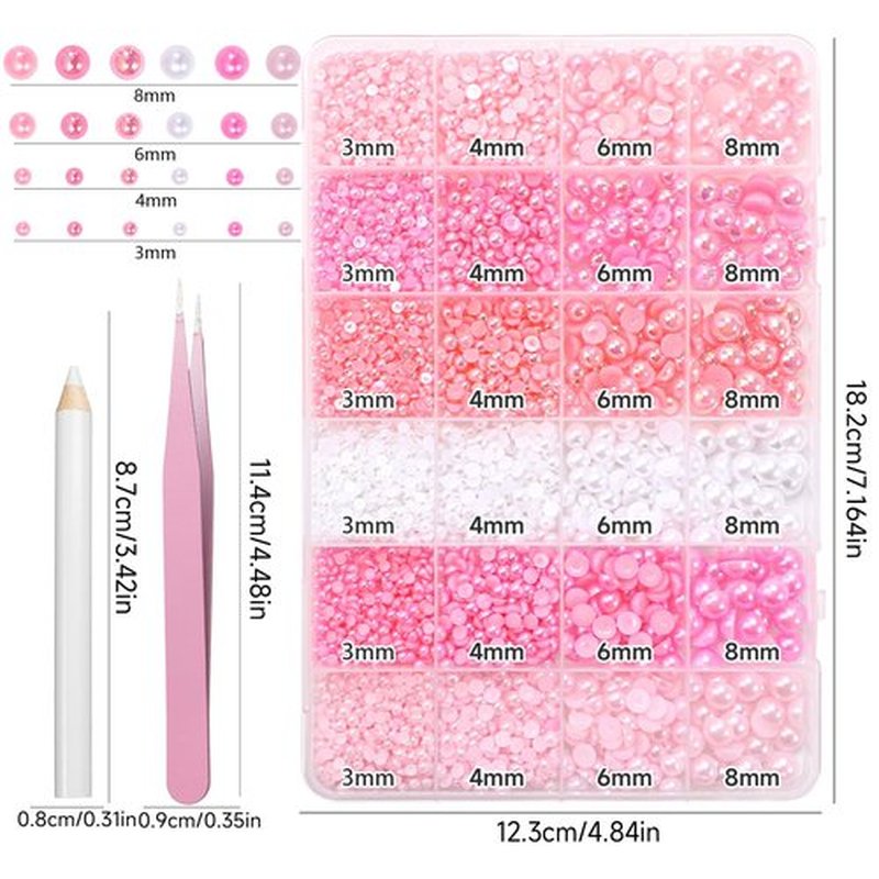 Pink Flatback Pearls for Crafting, 3/4/6/8mm Flatback Nail Pearls Beads, Half Round ABS Pink Color White Pearl Beads Gems for Nails Art DIY Crafting Face Hair Manicure DIY