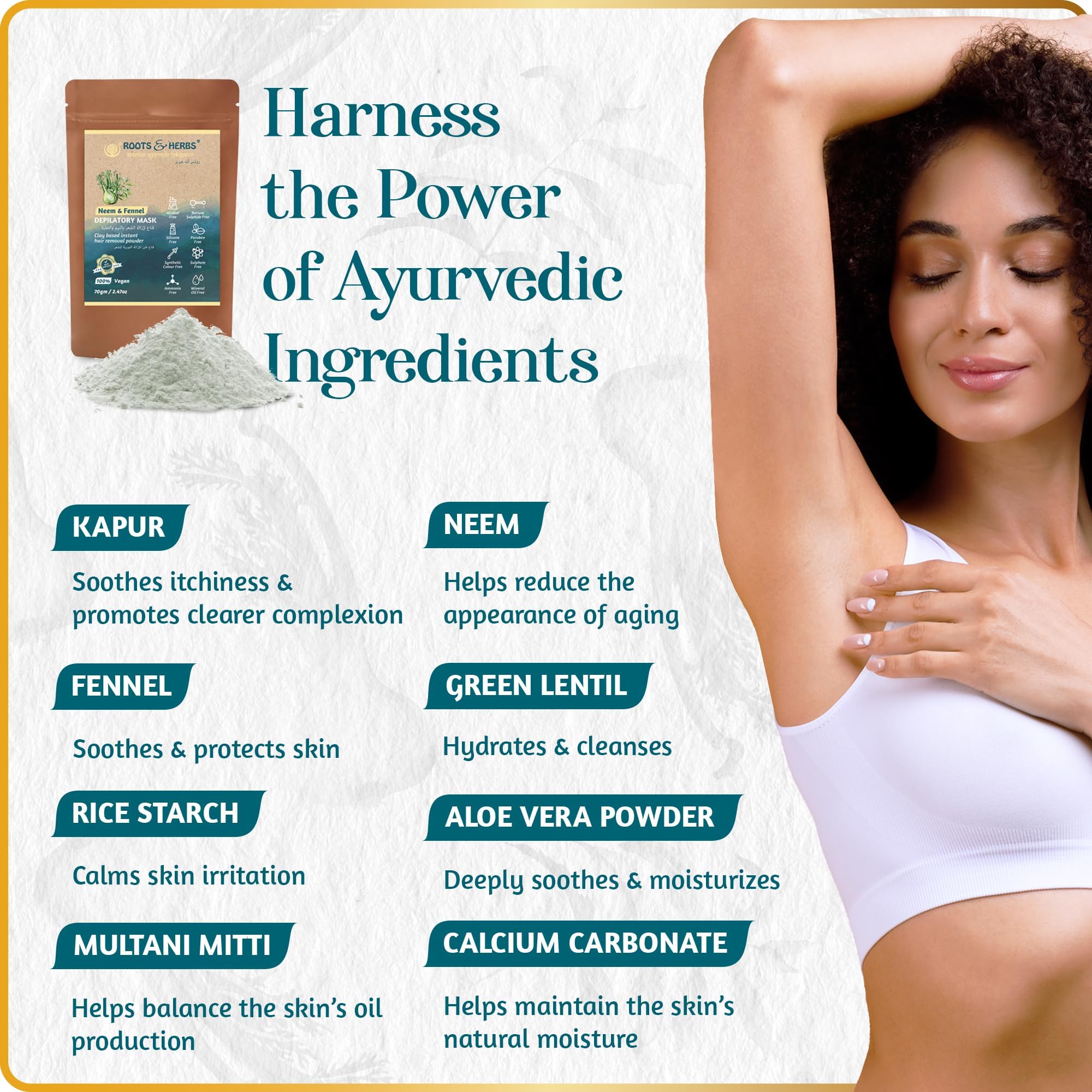Neem & Fennel Hair Intimate Bikini Hair Removal for Women’s & Men’s Legs, Underarm, & Chest,- Depilatory Powder Body Hair Remover with Ayurvedic Herbs for All Skin Types - Roots and Herbs, 2.47oz