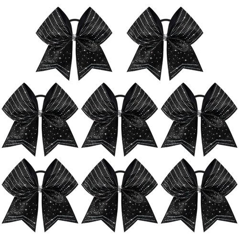 DEEKA 8PCS Black Stripes Glitter Cheer Bows with Iridescent Rhinestones Large 8" Competition Bow Cheer Hair Bows Elastic Band Ponytail Holder for Cheerleader Girls Softball Football Sports (Black)