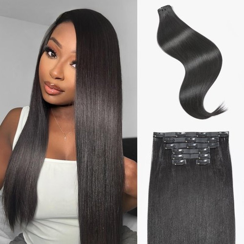 LUVME Clip in Hair Extensions Yaki Straight, Seamless 2 Pack 7PCS 100g, 18 Inch Real Human Hair, Natural Black, Thick Volume for Women Daily Wear & Party