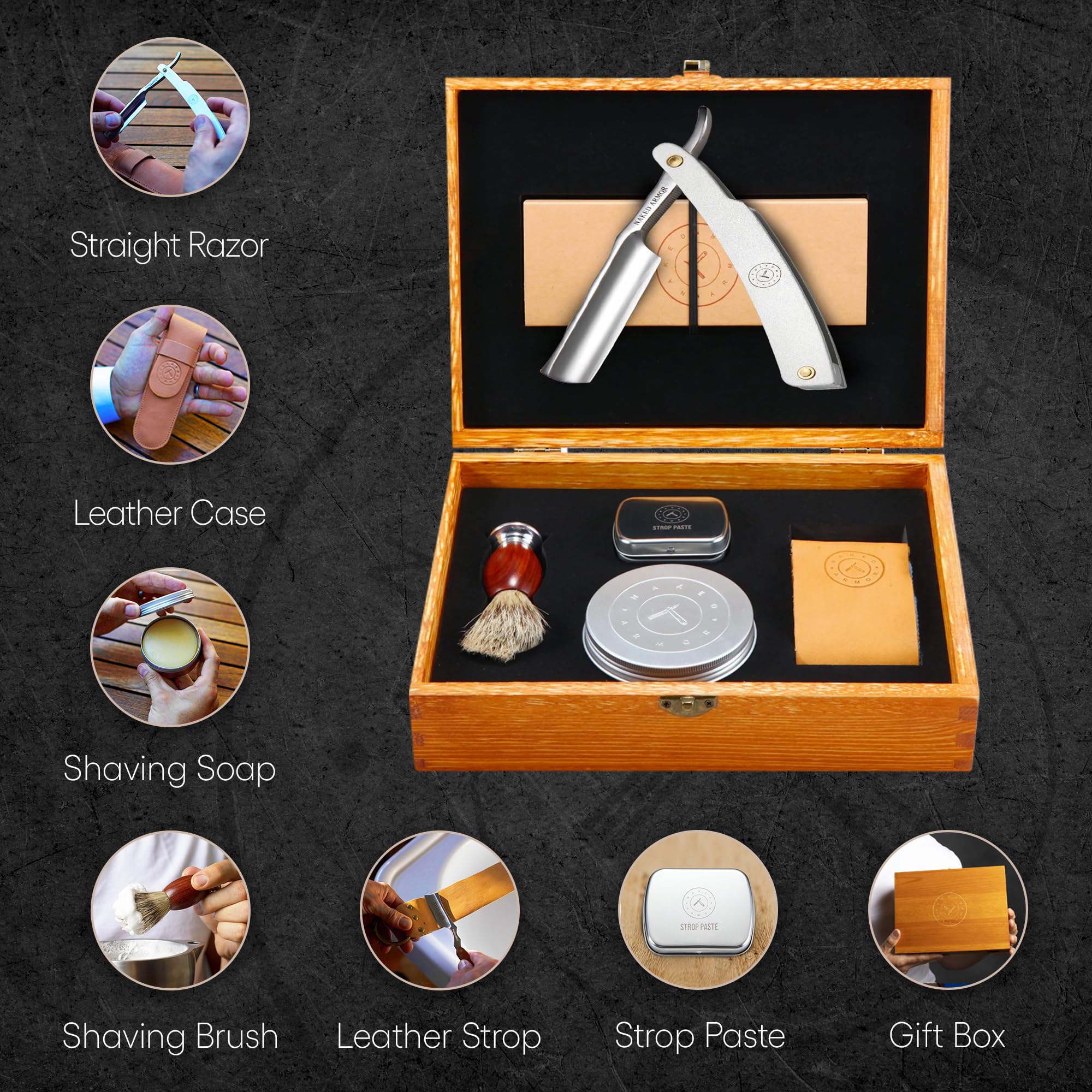 Naked Armor Merlin Straight Razor Kit, Straight Razor Shaving Kit for Men with Japanese Stainless Steel 7/8 Blade, Leather Strop, Shave Soap, Shaving Brush, Strop Paste, Leather Case, Gift Box, Silver