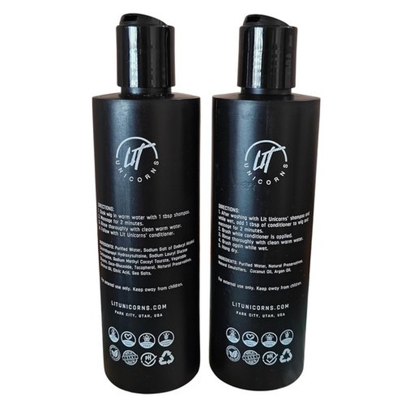 LIT UNICORNS Natural Anti-Static Wig Shampoo & Conditioner Set | for Synthetic and Human Hair Wigs | Clean, Protect, Detangle and Soften any hair system | Extend the Life of Your Wig | Paraben Free
