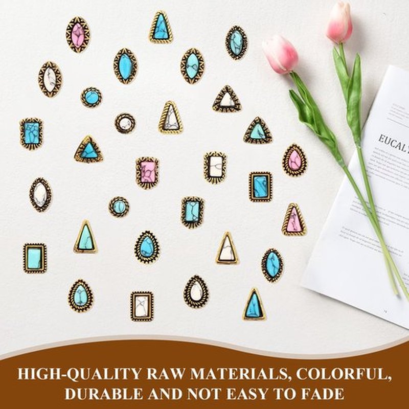 60 Pcs Turquoise Nail Charms Western Cowboy Nail Gems Charms 30 Styles Available, Western Retro, Suitable for Jewelry Making, Mobile Phone Cases, Pendants (White, Blue, Green, Pink)