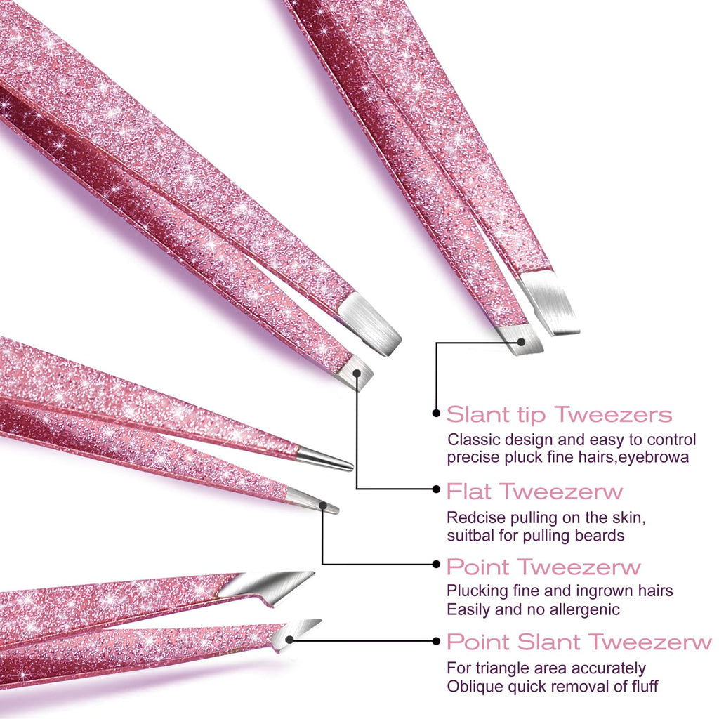 FungChoi 4-Pcs Glitter Stainless Steel Precision Tweezer Set for Eyebrows, Ingrown Hair & Lash Extensions (Pink)
