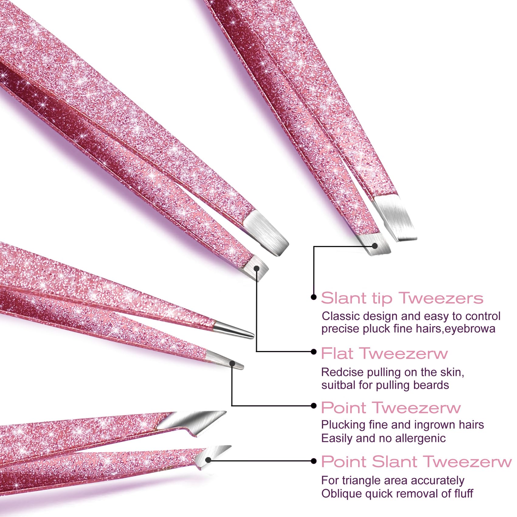 FungChoi 4-Pcs Glitter Stainless Steel Precision Tweezer Set for Eyebrows, Ingrown Hair & Lash Extensions (Pink)