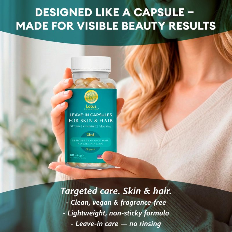 Vitamin E Capsules for Hair and Skin – 2-in-1 Frizz Control & Glow Serum with Aloe Vera & Siloxane, Leave-In Silky Shine Treatment, Single-Use Beauty Softgels, 60 Count, Made in USA