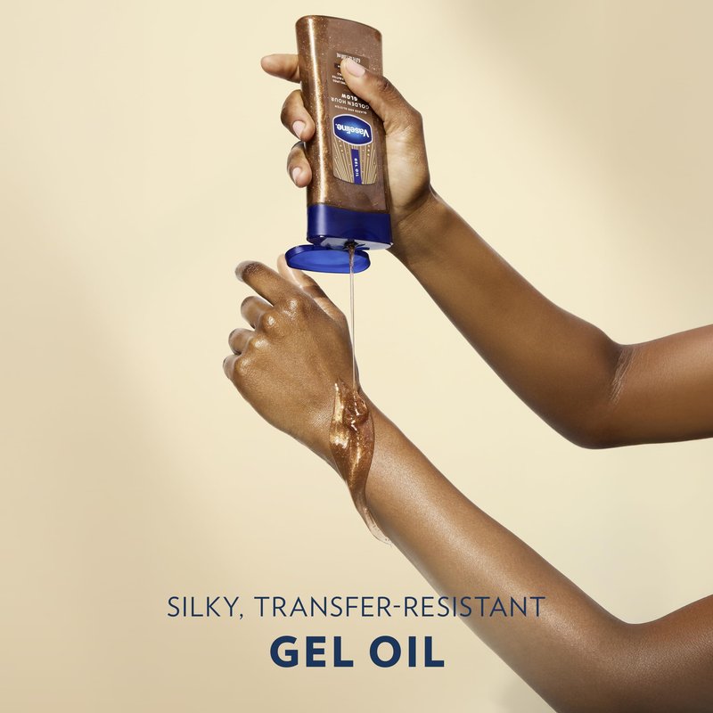 Vaseline Glazed and Glisten Golden Hour Body Gel Oil Glow Vanilla Cocoa Shimmering with Ultra-Hydrating Lipids and 100% Pure Cocoa Butter, 6.8 Oz