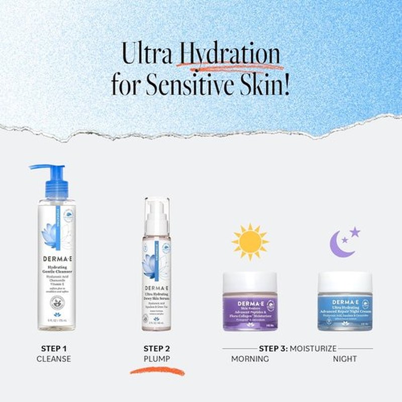 DERMA E Ultra Hydrating Dewy Skin Serum - Moisturizing Anti-Aging Treatment with Squalane & Hyaluronic Acid | 2 FL Oz