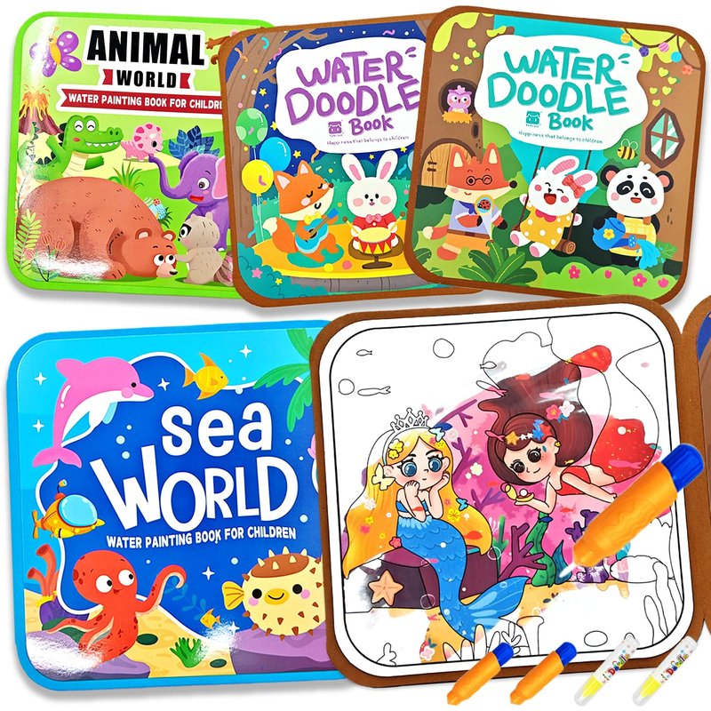 NaTuGi Reusable Magic Water Painting Books for Kids,Watercolor Workbook Coloring Books for Toddler,4 Themes,No Mess Paint Coloring,for Ages 3+ Gift for Boys & Girls Travel Activity Toys (4 Books)