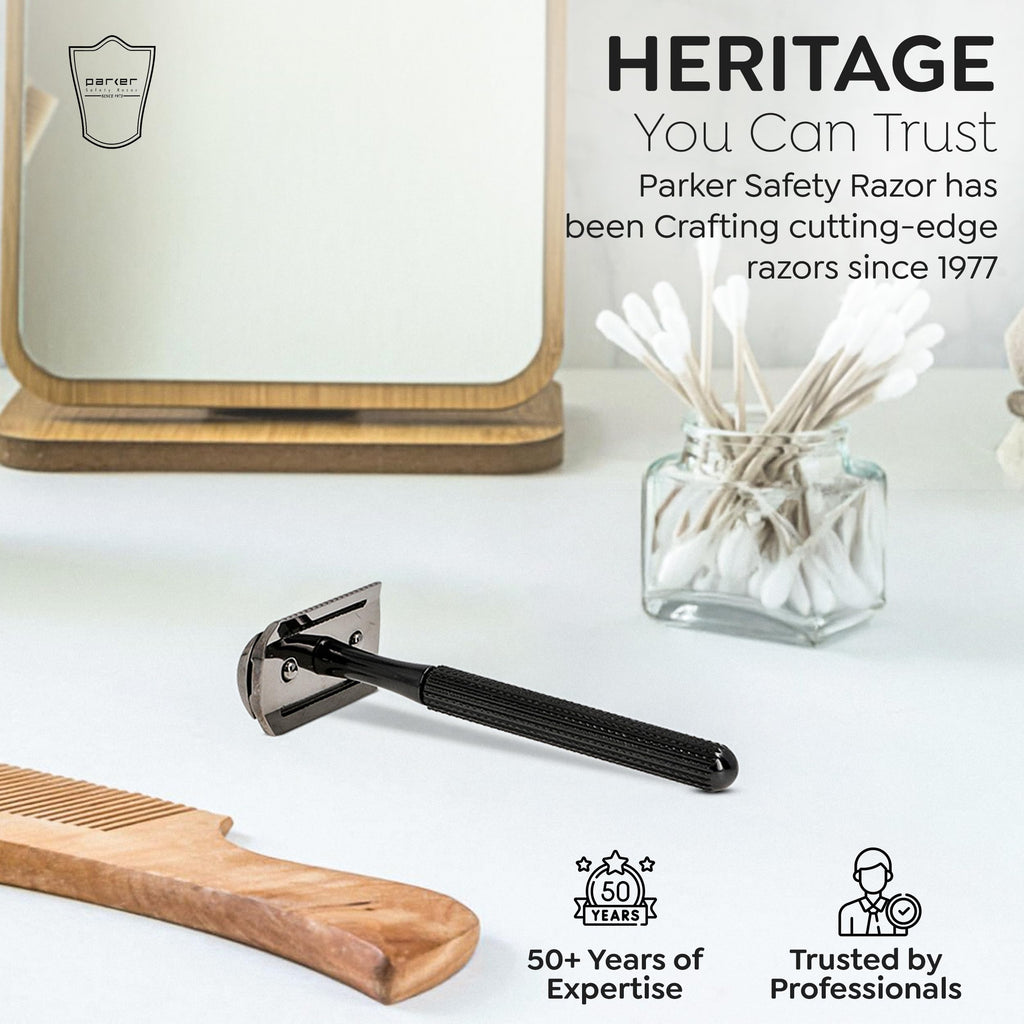 Parker 78R Double Edge Safety Razor with 5 Safety Razor Blades, Women & Men’s Safety Shaving, Reusable, Plastic-Free – Graphite