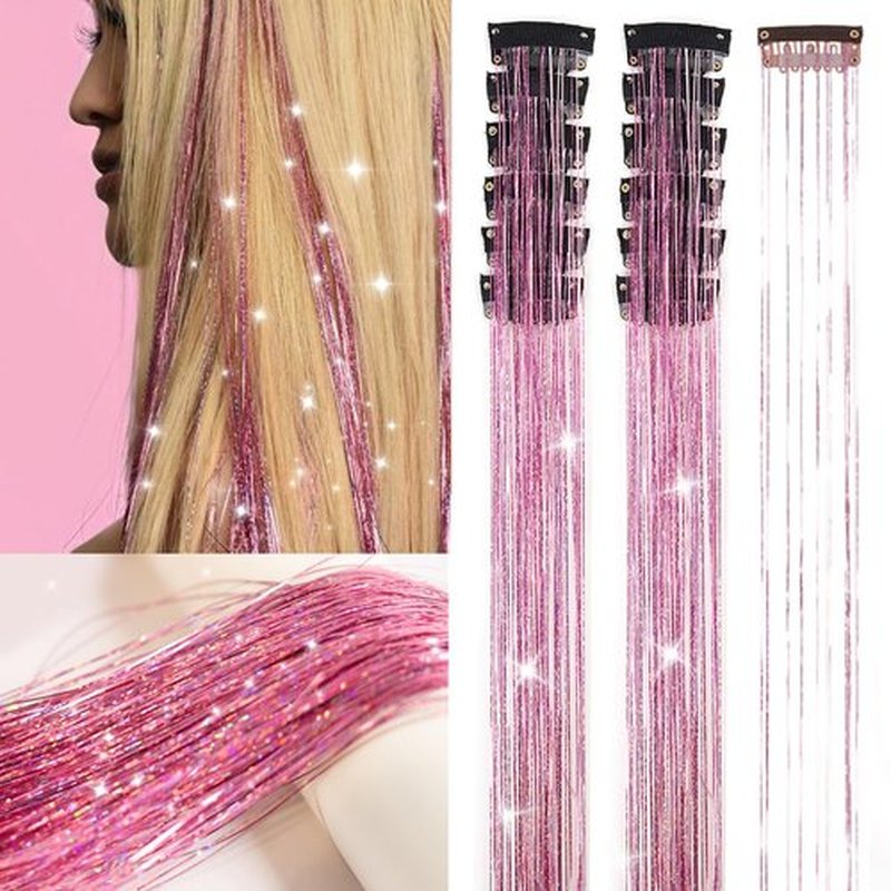 Pink Hair Tinsel 12Pcs 20.5 Inch Clip in Tinsel Hair Extensions Heat Resistant Fairy Hair Tinsel Kit Glitter Hair Extensions Accessories for Christmas Halloween Cosplay (Pink)