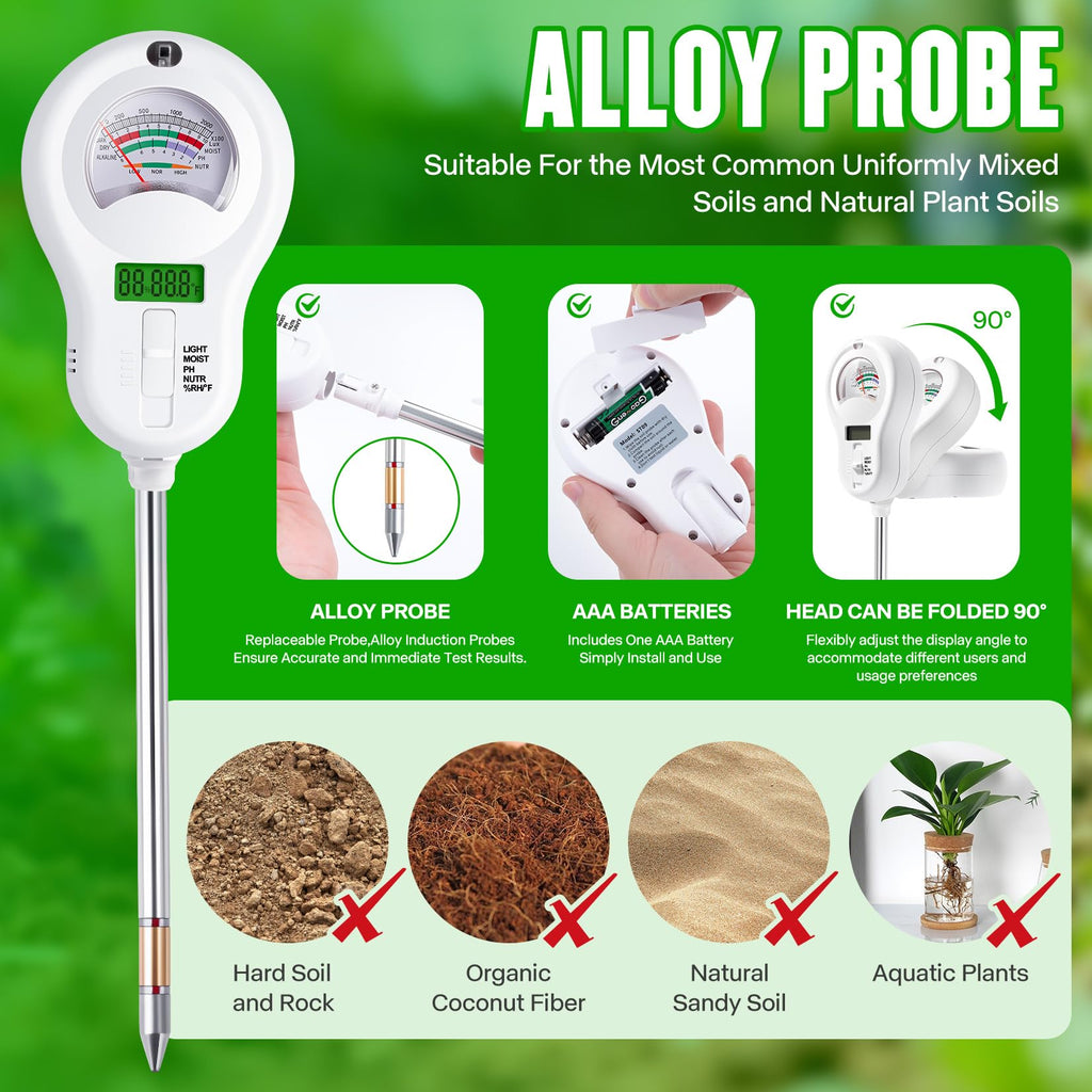 LXIANGN 6-in-1 Multifunctional Soil Moisture Meter, pH/Temperature/Soil Moisture/Sunlight/Air Humidity/Soil Fertility Soli Analyzer for Farming, Gardening, Lawns