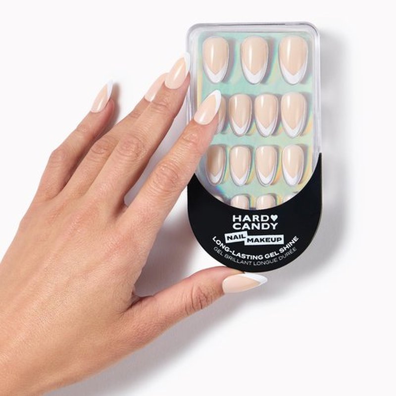 Tapered White French Tip Press-On Nails – Hard Candy Glossy Gel-Shine False Nail Kit with Nail Glue, 30 Pieces, Reusable (White Tip, Almond)