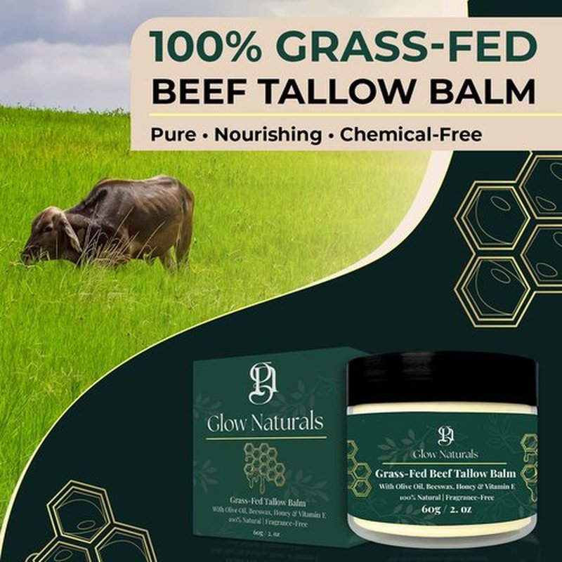 Glow Naturals Beef Tallow For Skin - 2 oz Fragrance Free Tallow And Honey Balm With Olive Oil, Beeswax & Vitamin E - Grass Fed Beef Tallow For Face, Body & Dry, Sensitive Skin