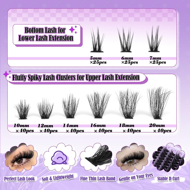 Yawamica Cluster Eyelash Extensions Fluffier Lash Clusters with Bottom Lashes 200D Volume Individual Lashes 315pcs Wispy Eyelash Clusters 10-20mm DIY Lash Extension at Home