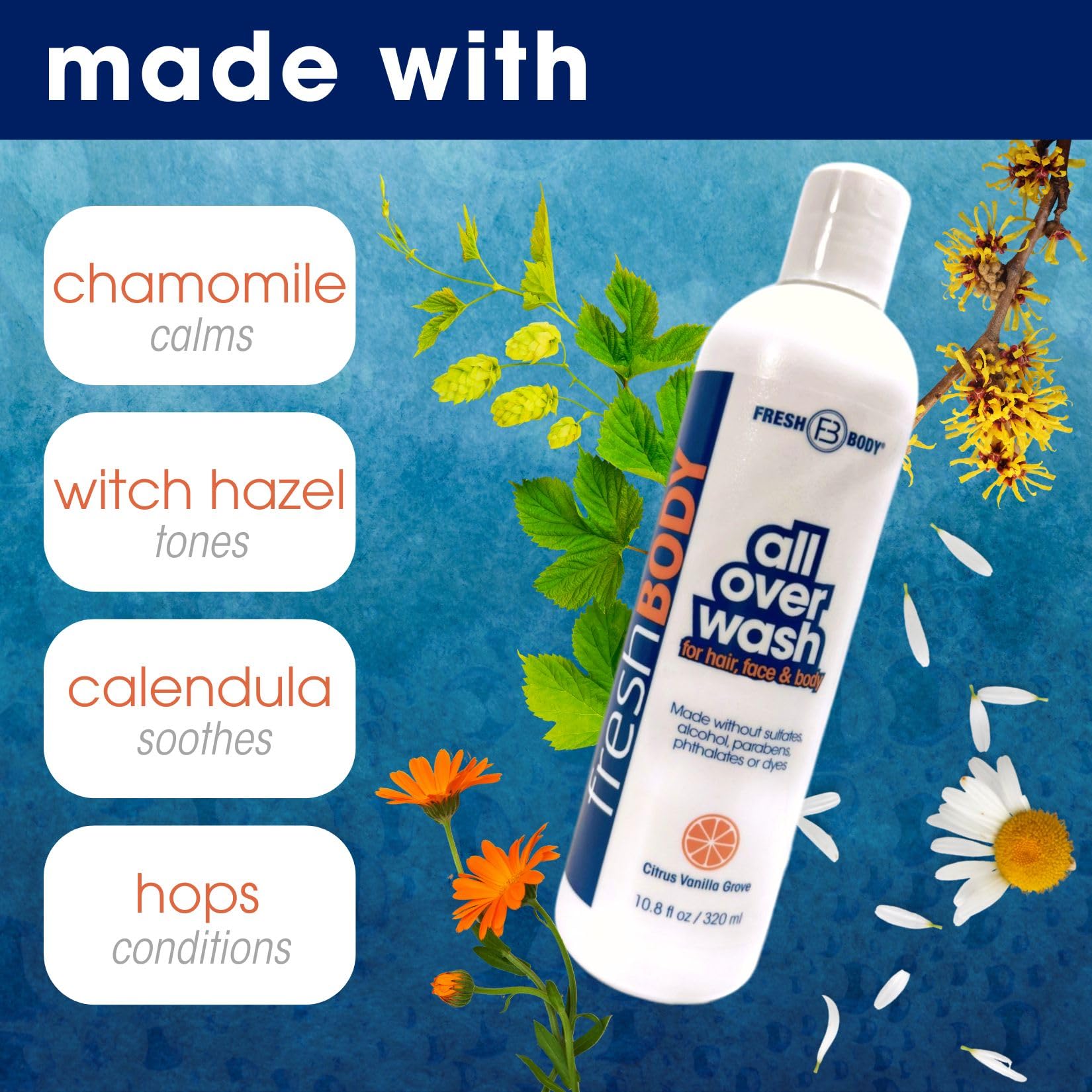Fresh Body FB All Over Wash for Hair, Face & Body - Shampoo and Body Wash for Men & Women, Citrus Vanilla Grove Shower Gel, 10.8oz (2 Pack) Made without Alcohol, Sulfates, Dyes or Parabens