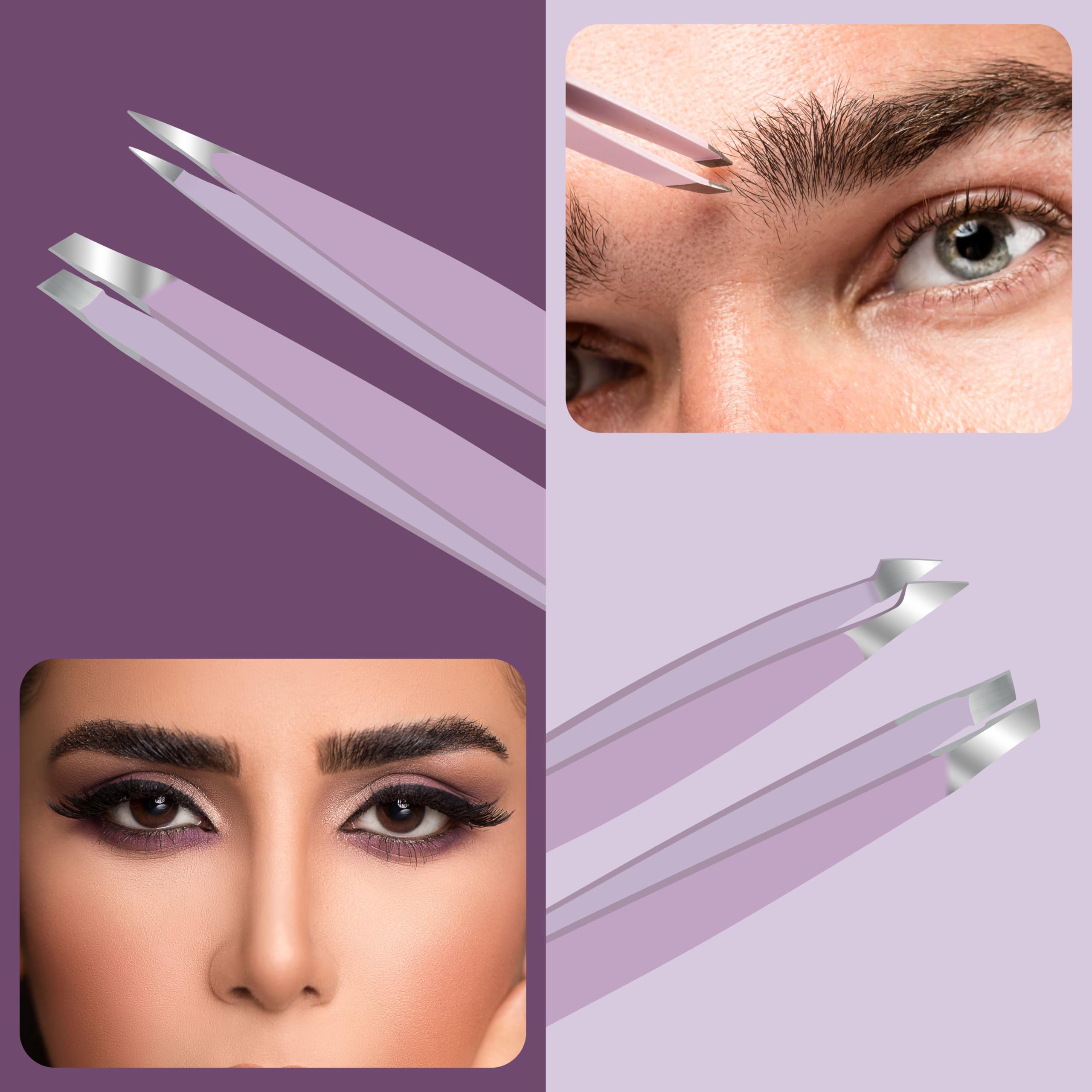 Professional Eyebrow Tweezers Set of 4 – Stainless Steel Precision Tools for Eyebrows, Facial Hair & Ingrown Hair Removal – Slant, Pointed & Flat Tips with Travel Case for Women & Men