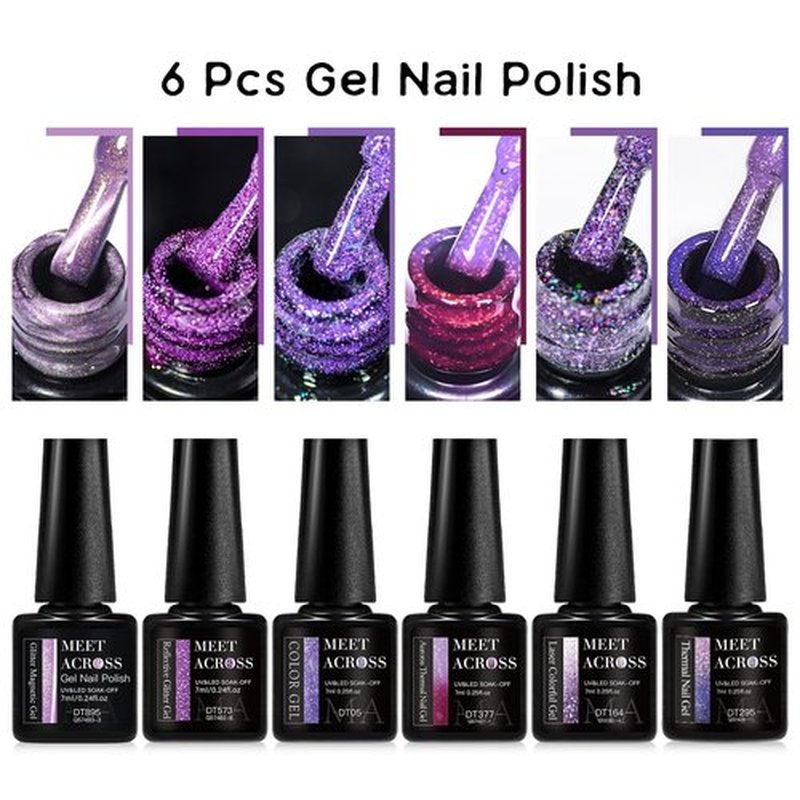 MEET ACROSS Gel Nail Polish Set 6 Pcs Glitter Colors Gel Nail Kit Art Design Soak Off UV LED (SET-12, 6pcs)