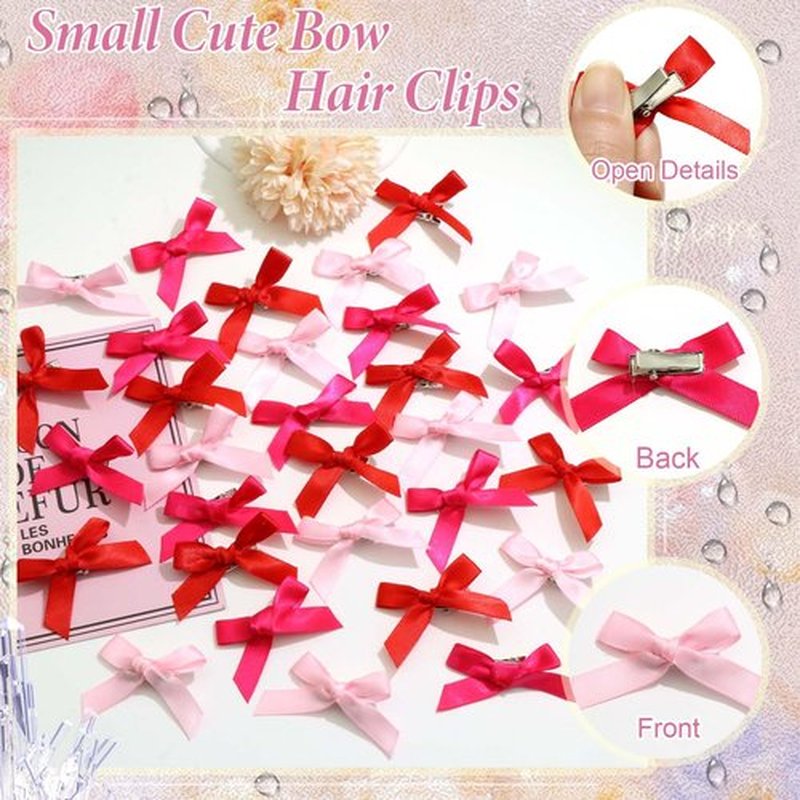 SAWINDA 30Pcs Mini Hot Pink Hair Bows Cute Bows for Hair Valentines Small Silk Satin Hair Ribbons for Girls Sweet Bow Hair Clips Non Slip Bowknot Hair Barrettes Hair Accessories for Women Teens Girls